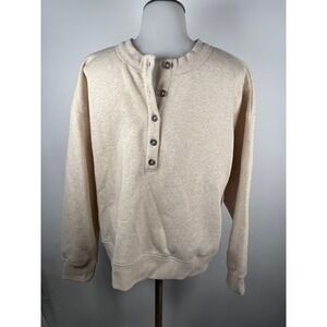 NWT Time and Tru Women Beige Heathered Button Henley Sweatshirt Size L
